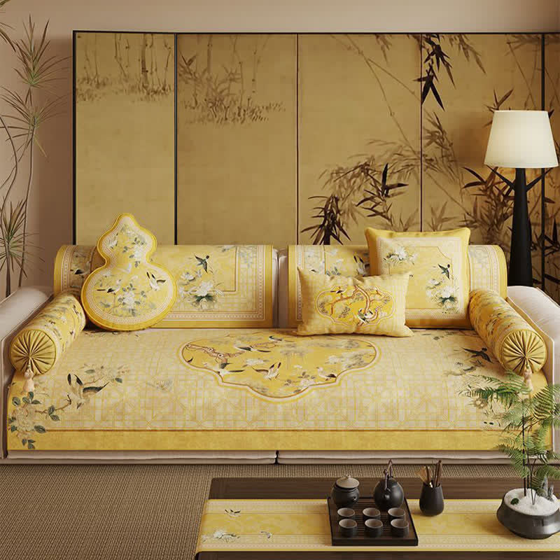 Ownkoti Oriental Style Bird & Floral Sofa Protector - Yellow - Sofa Protector - 35" x 94" - image 0