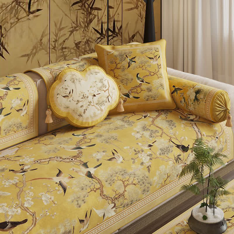 Ownkoti Oriental Style Bird & Floral Sofa Protector - Yellow - Ruyi-shaped Throw Pillow-B - 19" x 13" - image 8