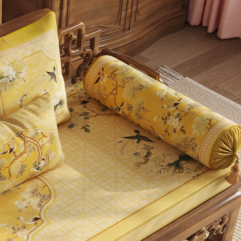Ownkoti Oriental Style Bird & Floral Sofa Protector - Yellow - Bolster Pillow-A - 23" x 6" - image 5