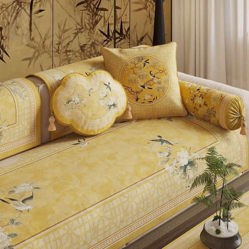 Ownkoti Oriental Style Bird & Floral Sofa Protector - Yellow - Ruyi-shaped Throw Pillow-A - 19" x 13" - image 7