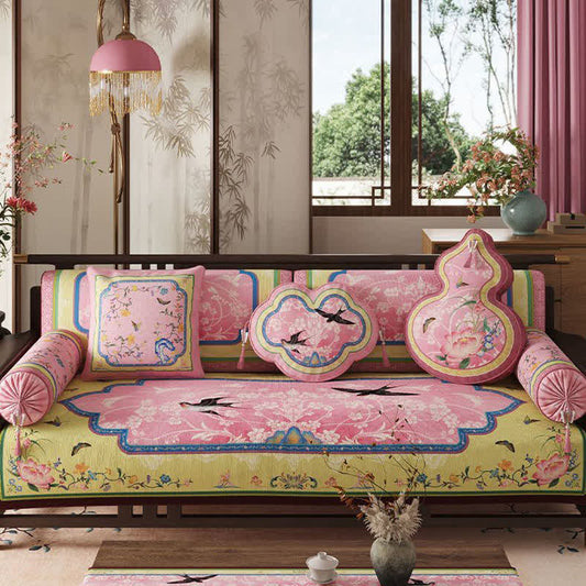 Ownkoti Oriental Lotus & Bird Print Sofa Protector - Pink - Sofa Protector - 35" x 102" - image 0