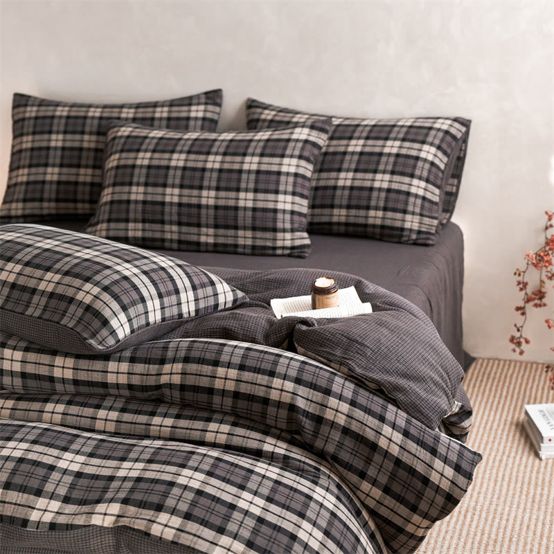 Ownkoti Checkered Cotton Duvet Cover Bedding Set - Dark Grey - King - Flat Sheet - image 4