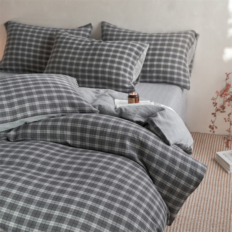 Ownkoti Checkered Cotton Duvet Cover Bedding Set - Light Grey - King - Flat Sheet - image 5