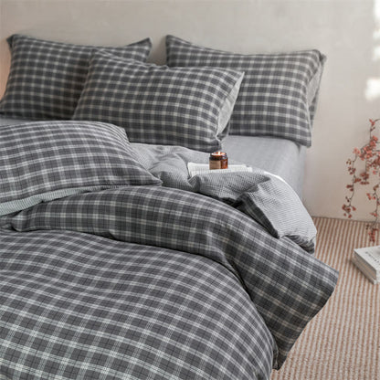 Ownkoti Checkered Cotton Duvet Cover Bedding Set - Light Grey - King - Flat Sheet - image 5