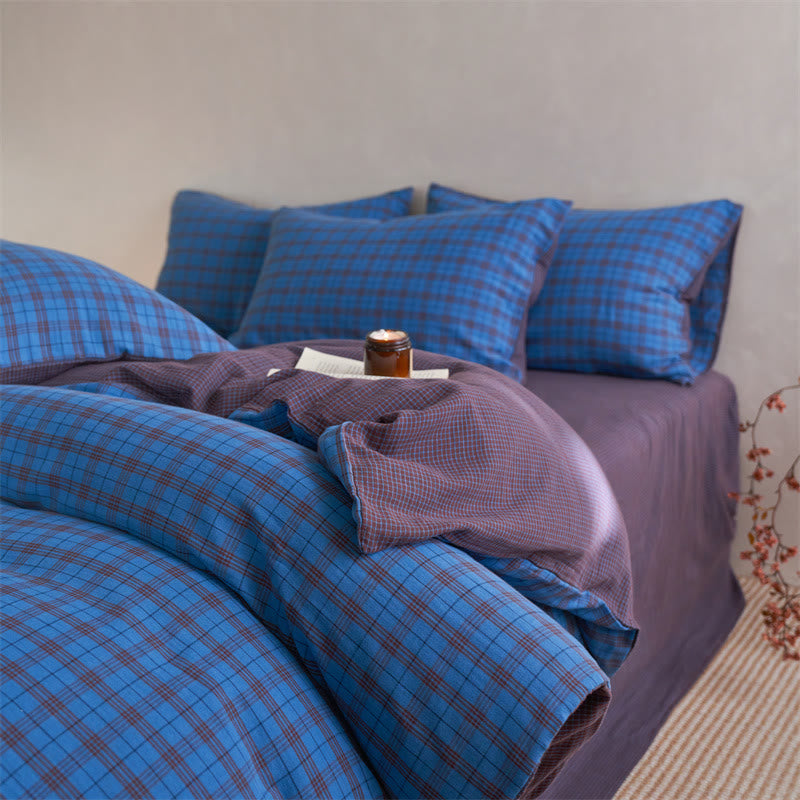 Ownkoti Checkered Cotton Duvet Cover Bedding Set - Dark Blue - King - Flat Sheet - image 7