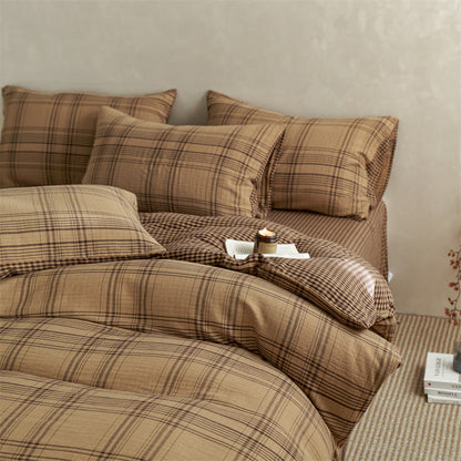 Ownkoti Checkered Cotton Duvet Cover Bedding Set - Brown - King - Flat Sheet - image 9