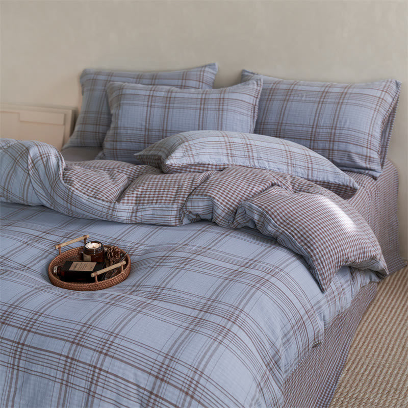 Ownkoti Checkered Cotton Duvet Cover Bedding Set - Light Blue - King - Flat Sheet - image 10