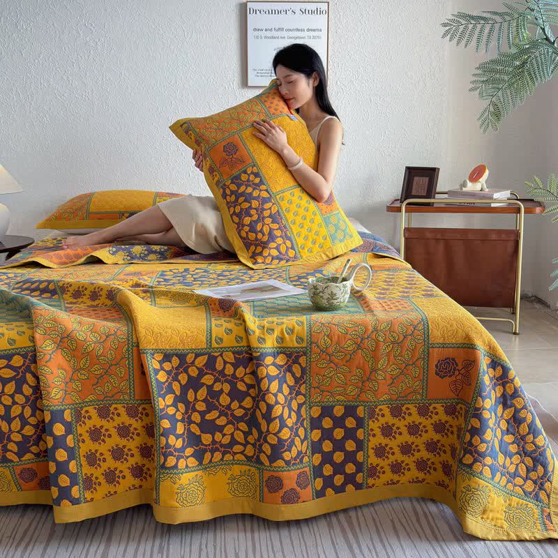 Ownkoti Patchwork Rose & Leaf Cotton Gauze Quilt Blanket - image 6