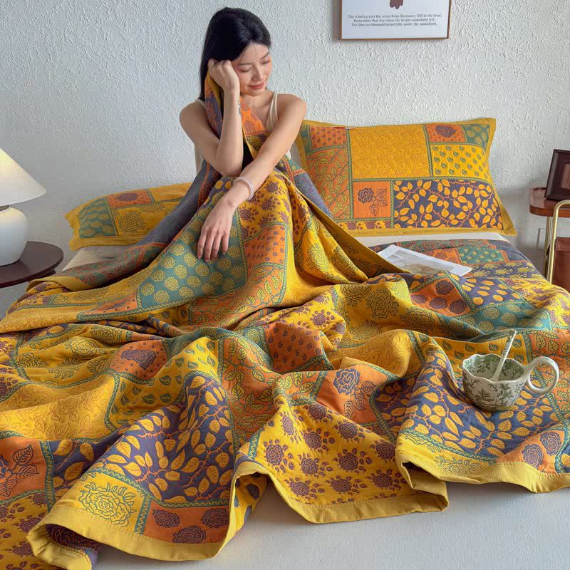 Ownkoti Patchwork Rose & Leaf Cotton Gauze Quilt Blanket - image 8