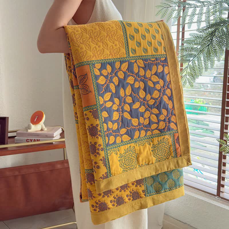 Ownkoti Patchwork Rose & Leaf Cotton Gauze Quilt Blanket - image 12