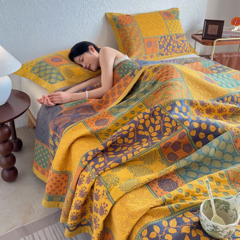 Ownkoti Patchwork Rose & Leaf Cotton Gauze Quilt Blanket - Quilt with 2PCS Pillow Towels - King - image 0