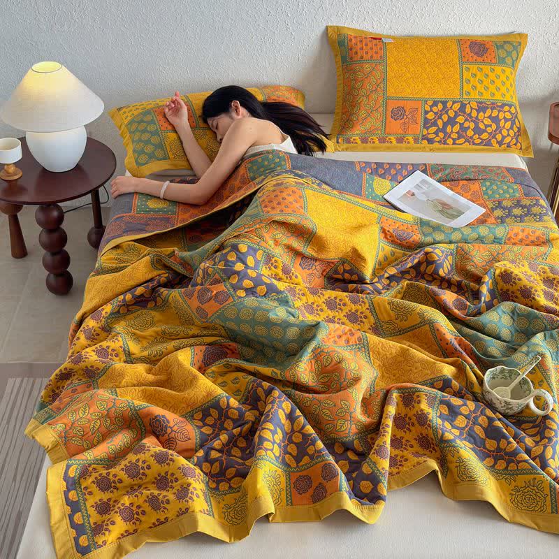 Ownkoti Patchwork Rose & Leaf Cotton Gauze Quilt Blanket - image 9