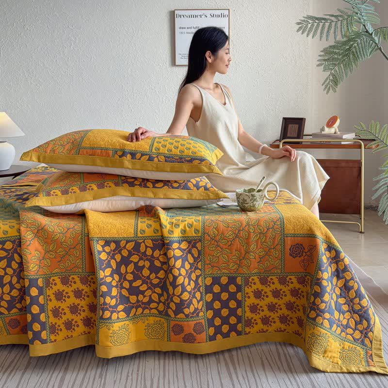 Ownkoti Patchwork Rose & Leaf Cotton Gauze Quilt Blanket - image 5