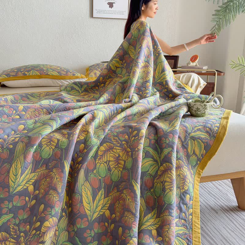 Ownkoti Tropical Floral & Leaf Cotton Gauze Quilt Blanket - image 8