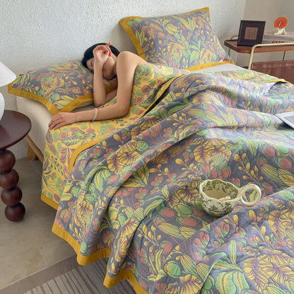 Ownkoti Tropical Floral & Leaf Cotton Gauze Quilt Blanket - Quilt with 2PCS Pillow Towels - King - image 0