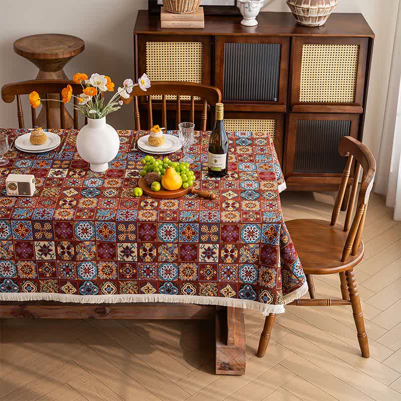 Ownkoti Bohemian Retro Ethnic Tile Jacquard Tablecloth  - image 1