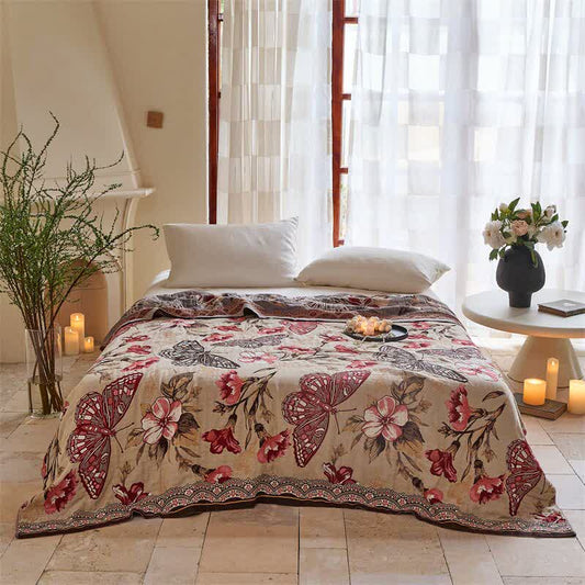Ownkoti Butterfly & Floral Jacquard Cotton Gauze Quilt Blanket - 79"W x 90"L - image 0