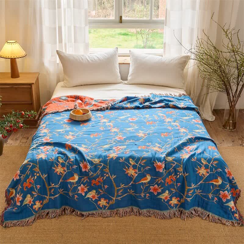 Ownkoti Floral & Magpie Tassel Cotton Gauze Quilt Blanket - 79"W x 90"L - image 0
