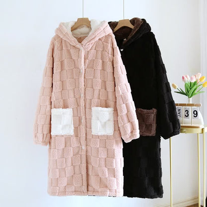 Ownkoti Couple Matching Grid Textured Hooded Flannel Robe - image 2