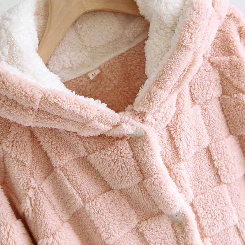 Ownkoti Couple Matching Grid Textured Hooded Flannel Robe - image 7