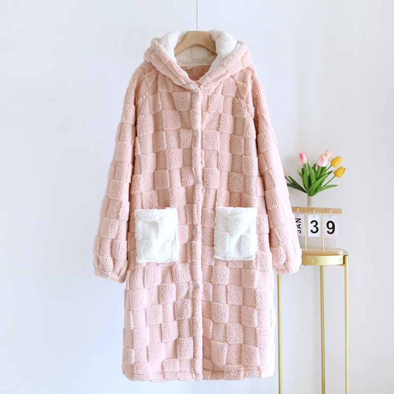 Ownkoti Couple Matching Grid Textured Hooded Flannel Robe - Pink - Women: L - image 3