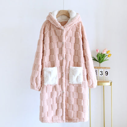 Ownkoti Couple Matching Grid Textured Hooded Flannel Robe - Pink - Women: L - image 3