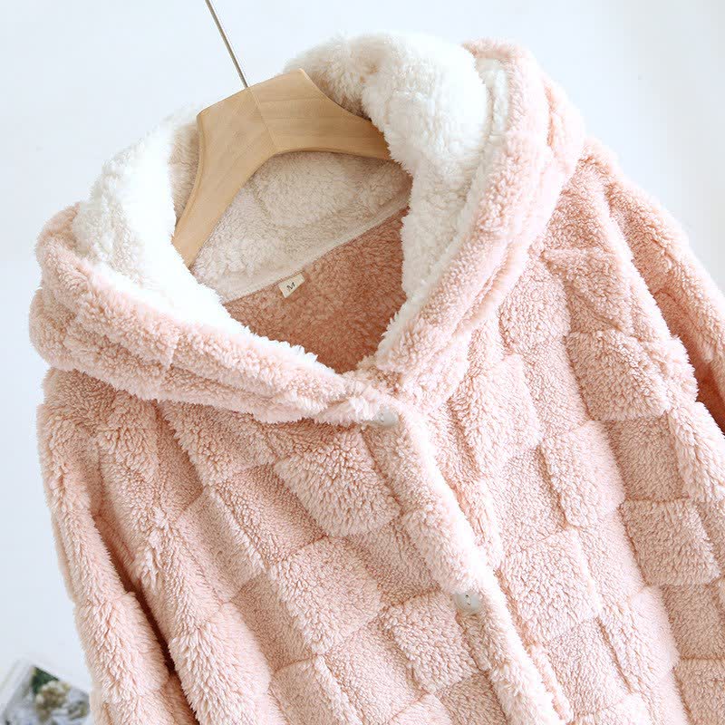 Ownkoti Couple Matching Grid Textured Hooded Flannel Robe - image 5