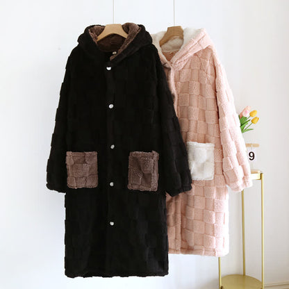 Ownkoti Couple Matching Grid Textured Hooded Flannel Robe - image 1