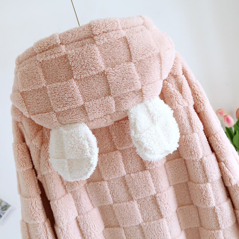 Ownkoti Couple Matching Grid Textured Hooded Flannel Robe - image 6