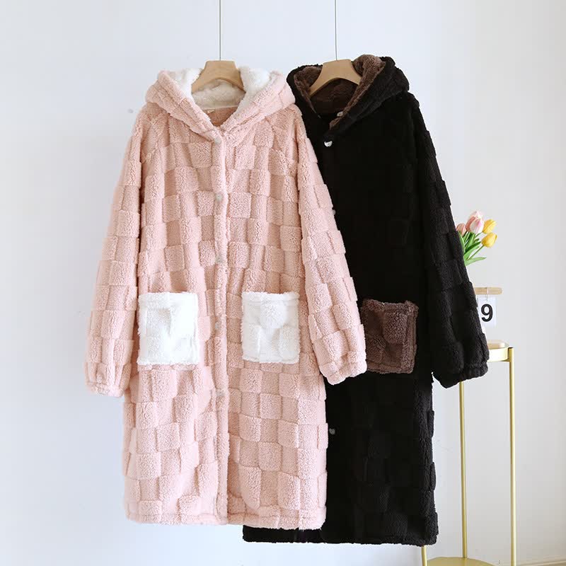 Ownkoti Couple Matching Grid Textured Hooded Flannel Robe - image 0