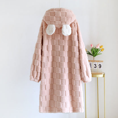 Ownkoti Couple Matching Grid Textured Hooded Flannel Robe - image 4