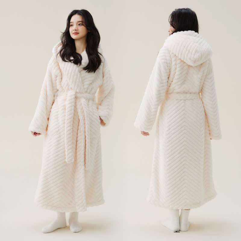 Ownkoti Couple Mtaching Plush Hooded Herringbone Robe - White - XL - image 5