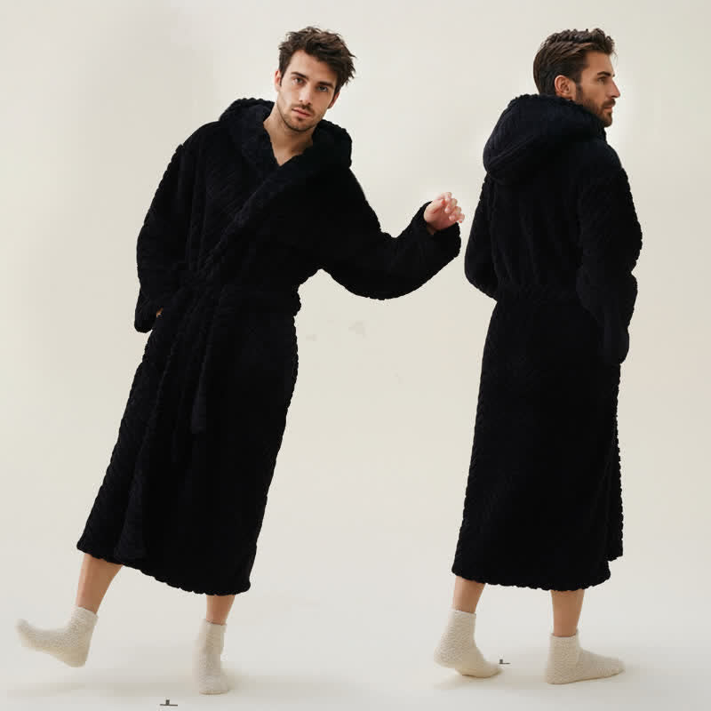 Ownkoti Couple Mtaching Plush Hooded Herringbone Robe - Black - 2XL - image 9