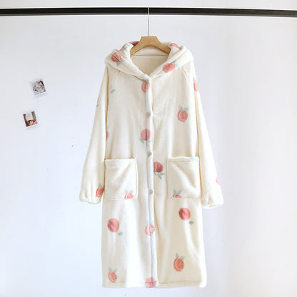 Ownkoti Peach Print Plush Hooded Bathrobe - Beige - L - image 0