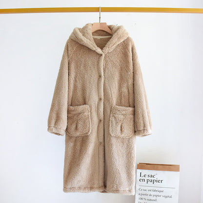 Ownkoti Minimalist Style Solid Color Hooded Robe - Brown - L - image 8