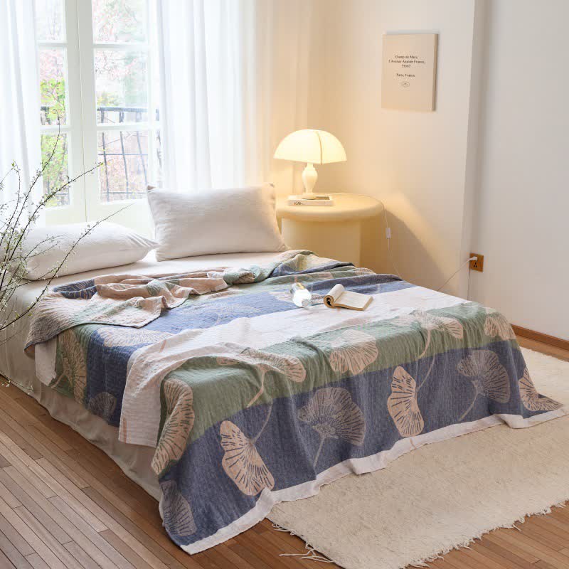 Ownkoti Striped Ginkgo Leaf Cotton Gauze Quilt Blanket - image 1