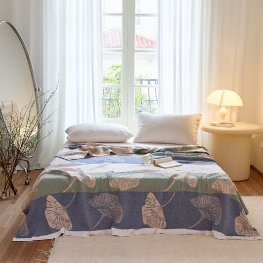 Ownkoti Striped Ginkgo Leaf Cotton Gauze Quilt Blanket - 79"W x 90"L - image 0