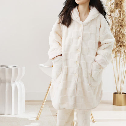 Ownkoti Solid Plush Checkered Texture Hooded Robe - image 1