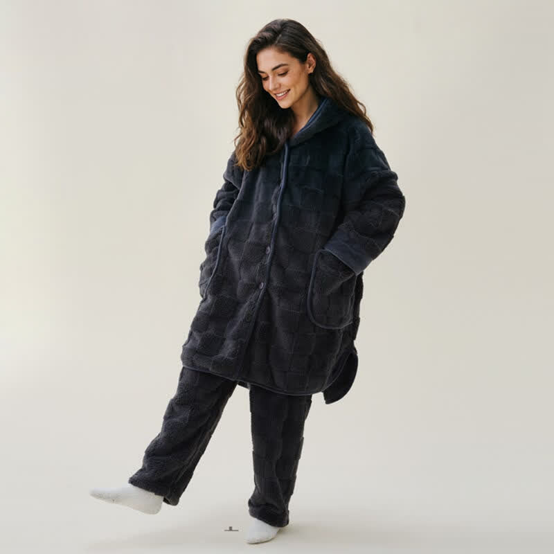 Ownkoti Solid Plush Checkered Texture Hooded Robe - Gray - XL - image 8