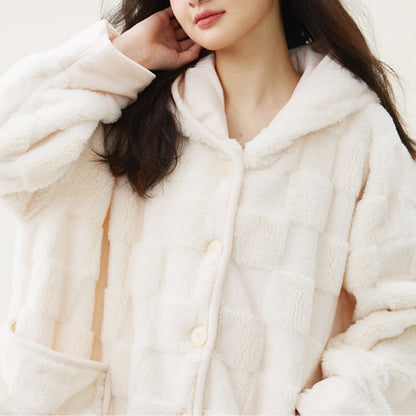Ownkoti Solid Plush Checkered Texture Hooded Robe - image 3
