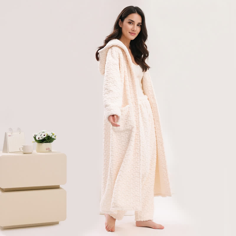 Ownkoti Embossed Plush Coral Fleece Hooded Robe - White - Robe with Pants - XL - image 1