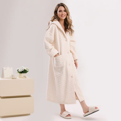 Ownkoti Embossed Plush Coral Fleece Hooded Robe - White - Robe - XL - image 0