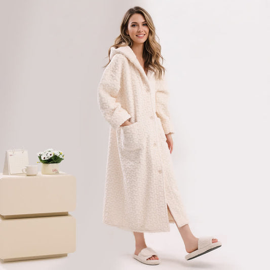 Ownkoti Embossed Plush Coral Fleece Hooded Robe - White - Robe - XL - image 0