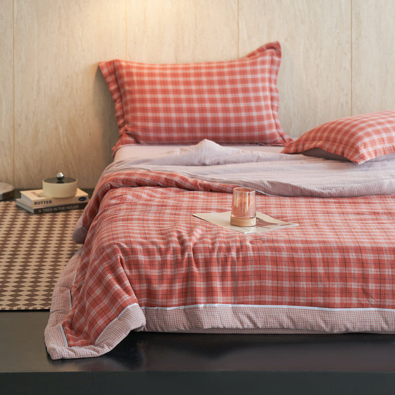 Ownkoti Gingham Pure Cotton Quilt Set - Light Red - Bedding Set - King - image 12