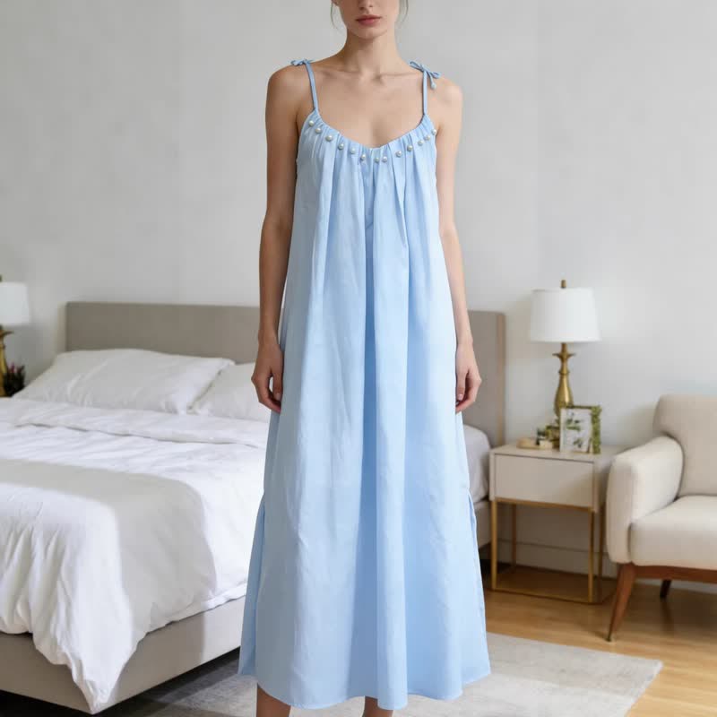 Ownkoti Solid Color Cotton Sleeveless Tie Strap Nightgown - Blue - XL - image 1