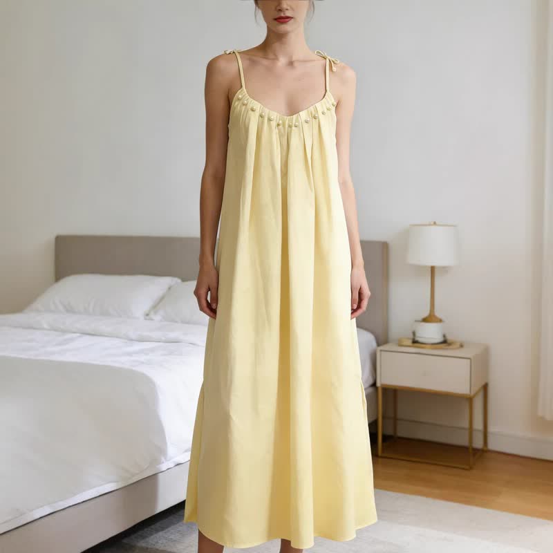 Ownkoti Solid Color Cotton Sleeveless Tie Strap Nightgown - Yellow - XL - image 6