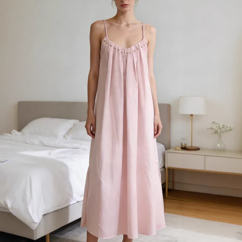 Ownkoti Solid Color Cotton Sleeveless Tie Strap Nightgown - Pink - XL - image 3