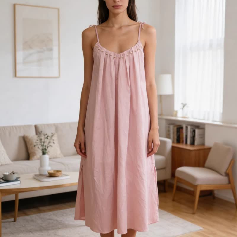 Ownkoti Solid Color Cotton Sleeveless Tie Strap Nightgown - image 4