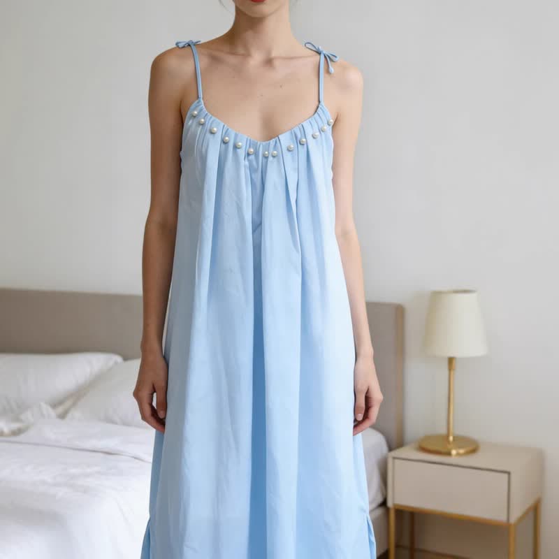 Ownkoti Solid Color Cotton Sleeveless Tie Strap Nightgown - image 2
