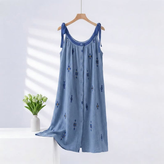 Ownkoti Blue Cotton Gauze Tie Strap Nightgown - Blue - 4XL - image 0